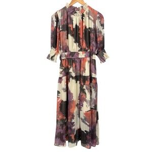 NEW Melloday Women's Size Medium Abstract Print Pleated‎ Midi Dress Long Sleeve